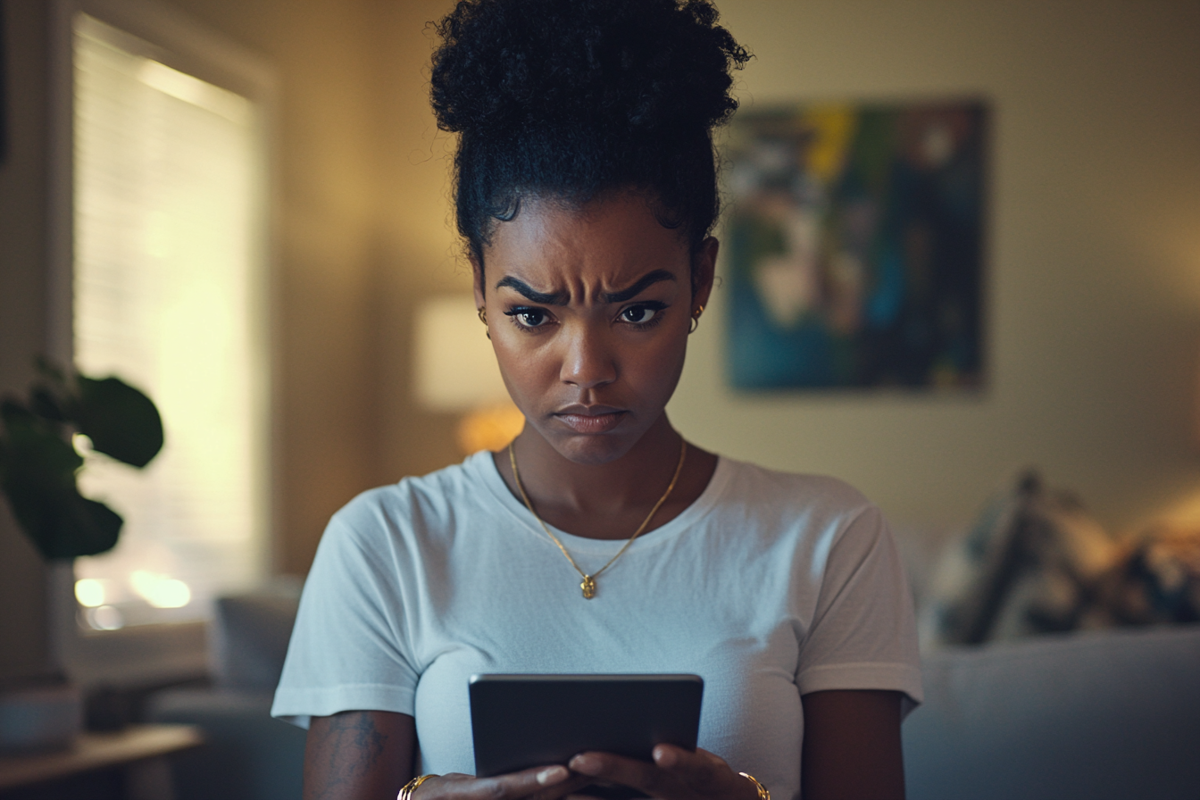 Une femme qui tient un iPad et qui a l'air inquiète | Source : Midjourney