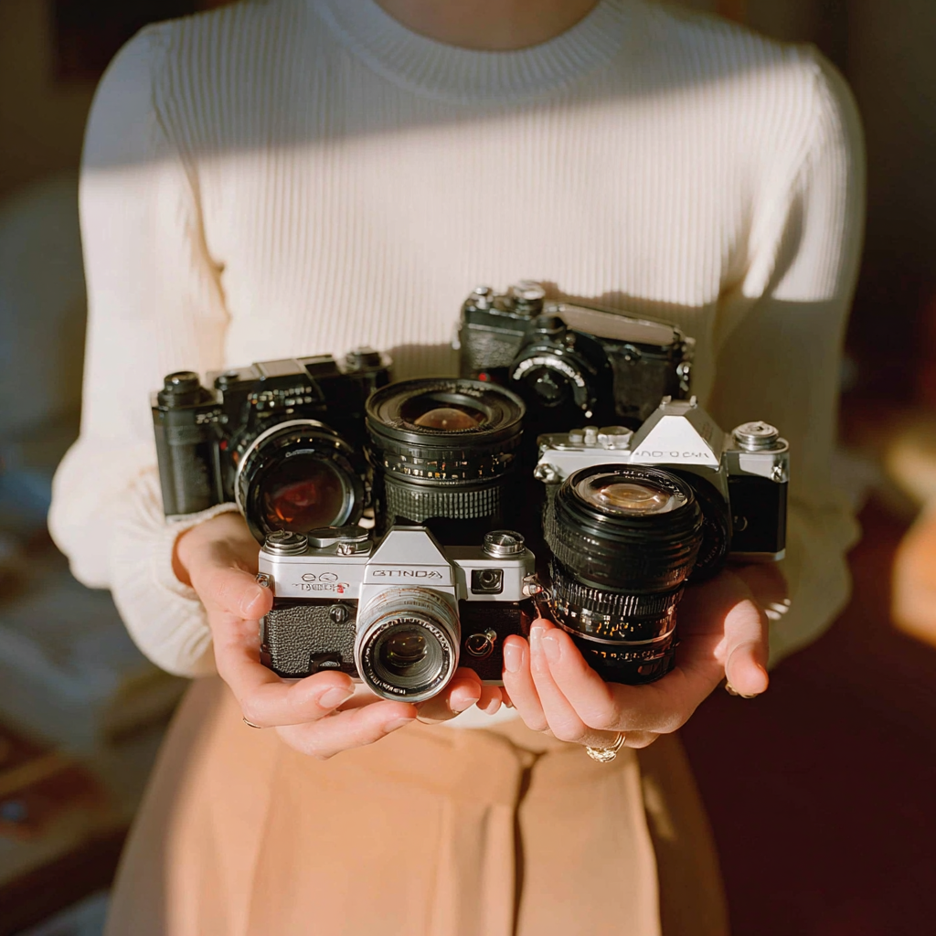 Une femme tenant des appareils photo et des objectifs | Source : Midjourney
