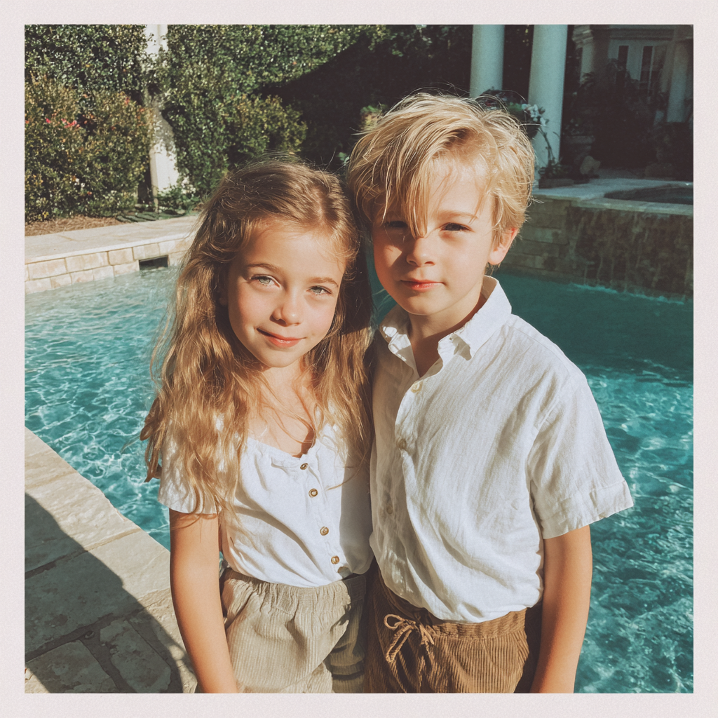 Deux enfants souriants au bord d'une piscine | Source : Midjourney