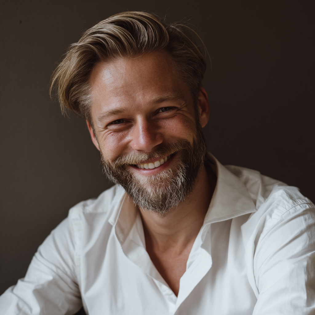Un homme souriant portant une chemise blanche de cérémonie | Source : Midjourney