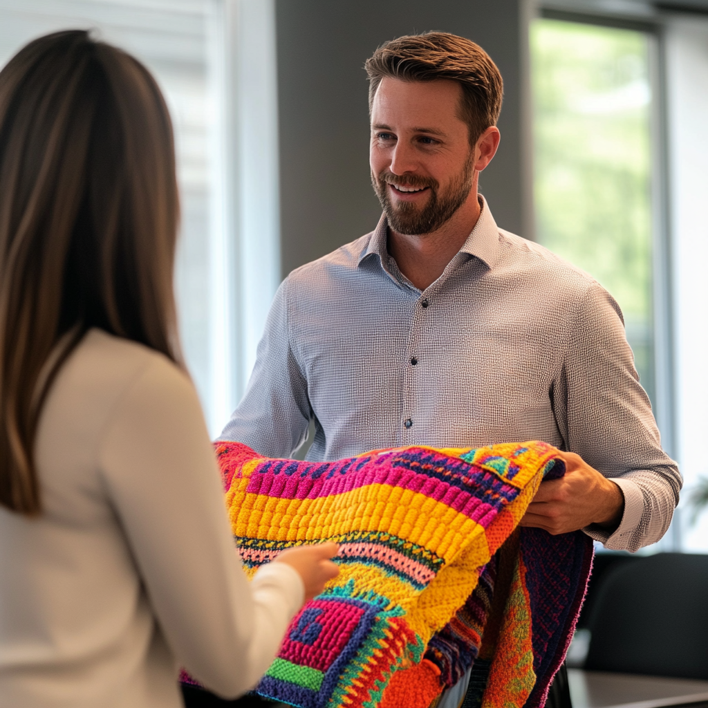 Homme tenant une couverture de bébé tout en parlant à son collègue de travail | Source : Midjourney