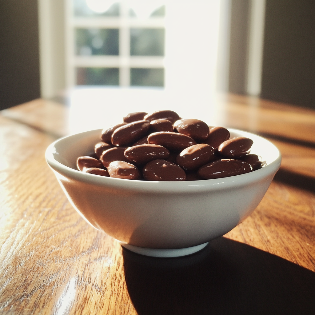 Un bol d'amandes enrobées de chocolat | Source : Midjourney