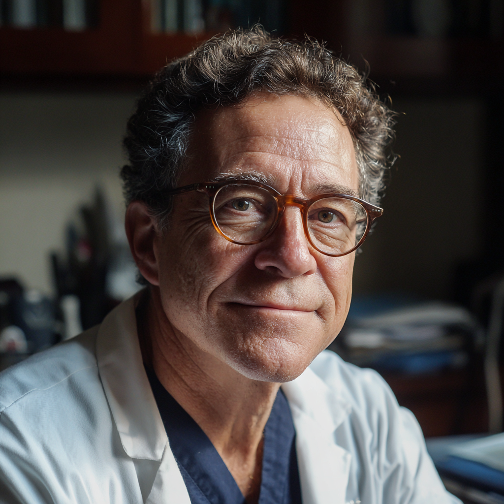 Un médecin souriant assis dans son bureau | Source : Midjourney