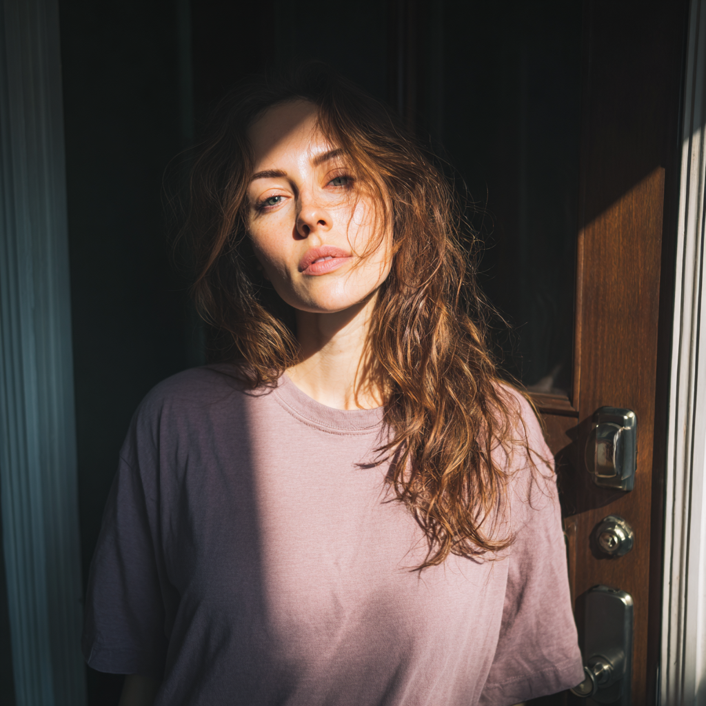 Une femme portant un t-shirt lilas et se tenant dans l'embrasure d'une porte | Source : Midjourney