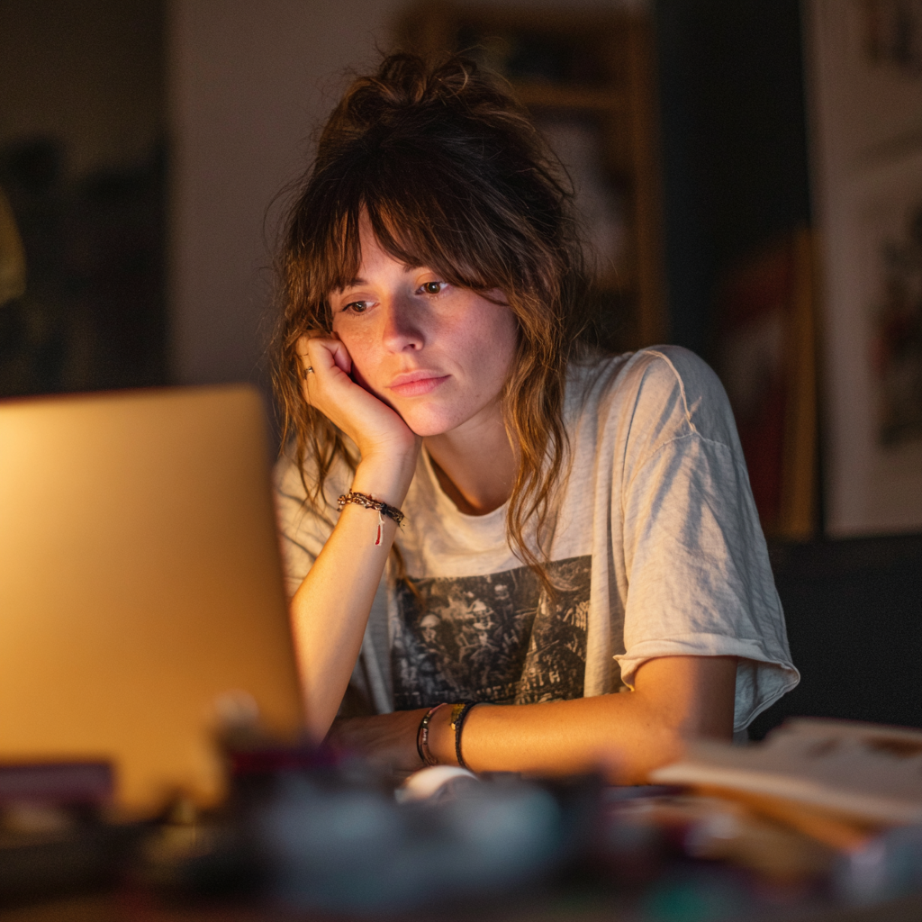 Une femme assise devant son ordinateur portable | Source : Midjourney
