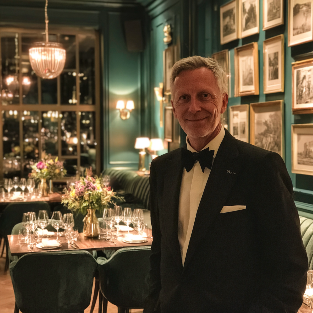 Un gérant de restaurant souriant en costume noir | Source : Midjourney