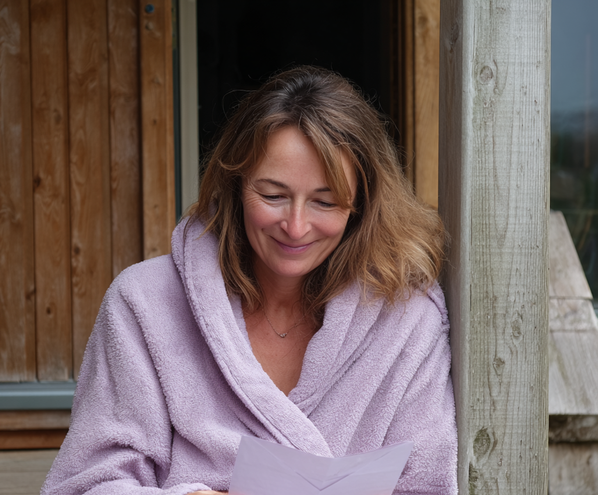 Une femme assise sous un porche et lisant une lettre | Source : Midjourney