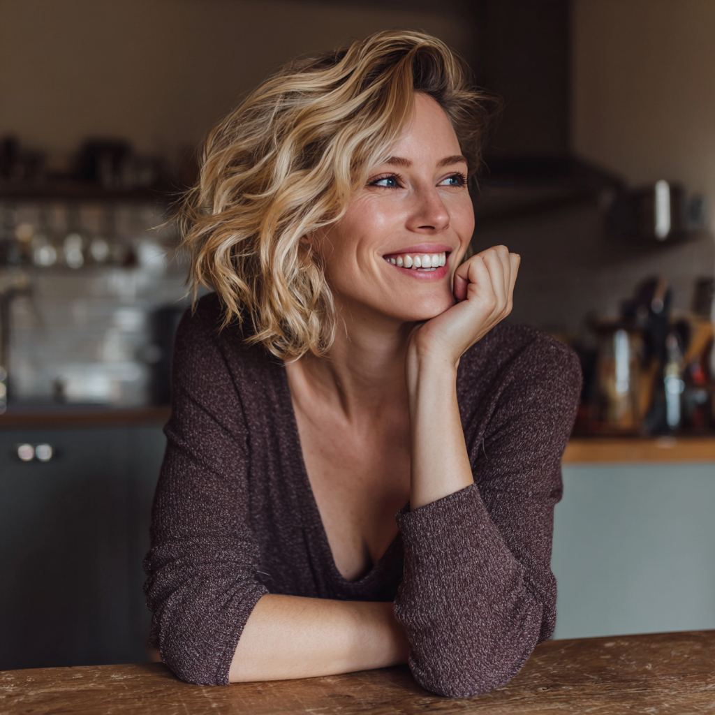Une femme souriante assise à une table de cuisine | Source : Midjourney
