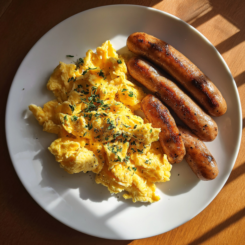 Une assiette d'œufs brouillés et de saucisses | Source : Midjourney