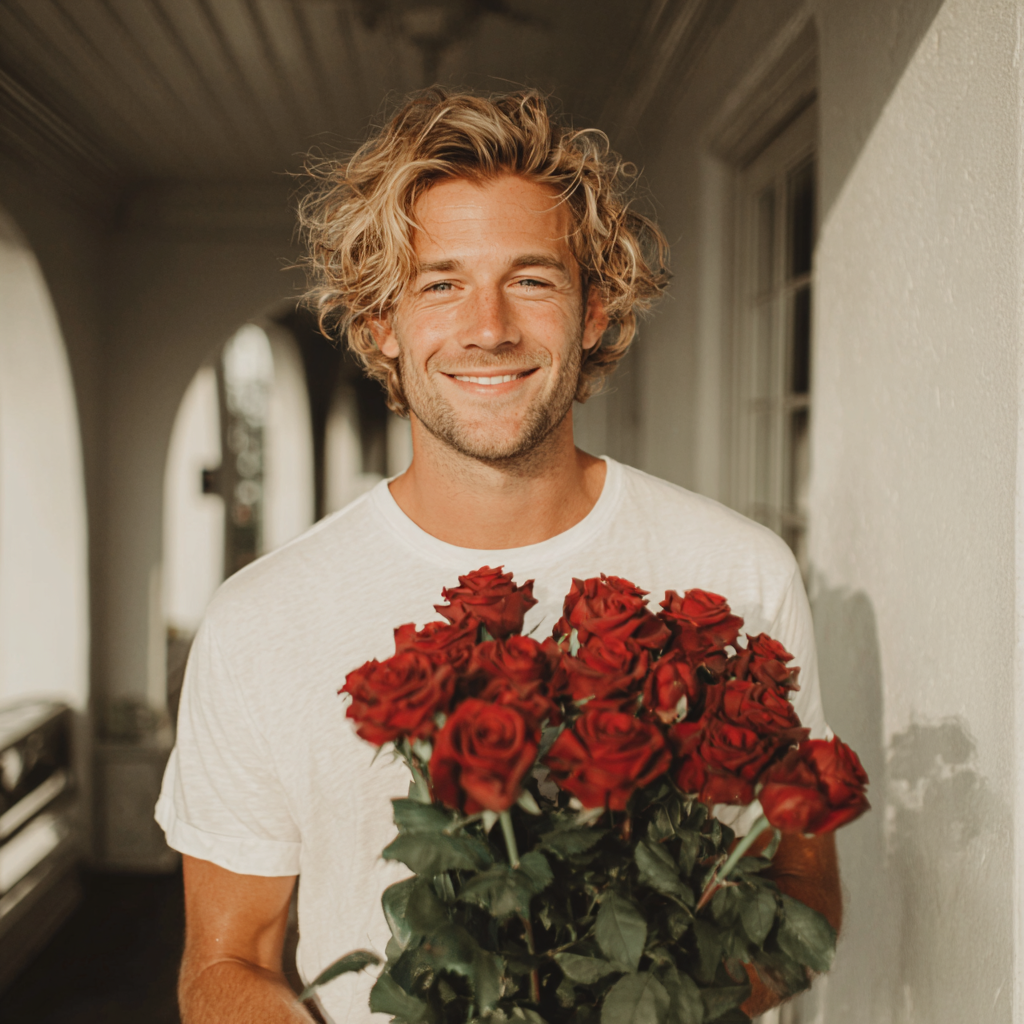 Un homme souriant tenant un bouquet de roses | Source : Midjourney