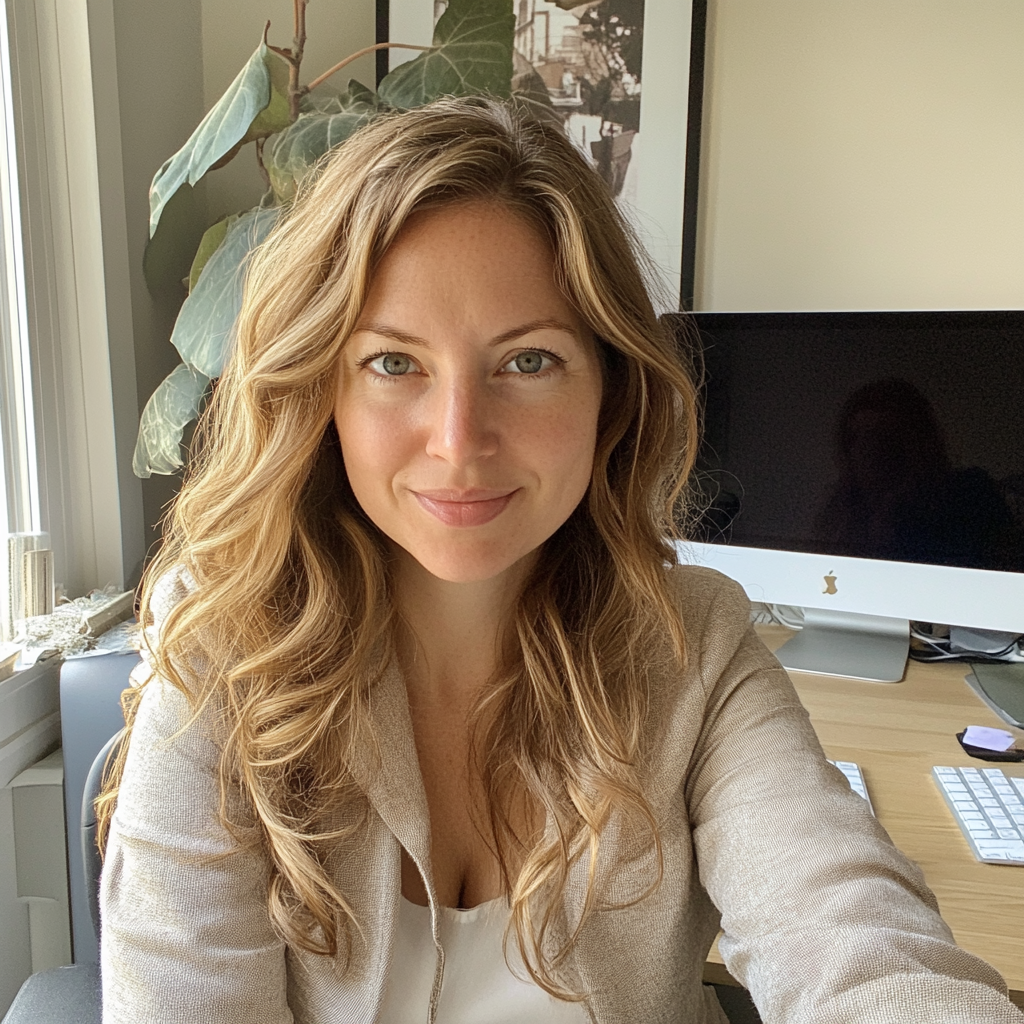 Une femme assise à son bureau | Source : Midjourney