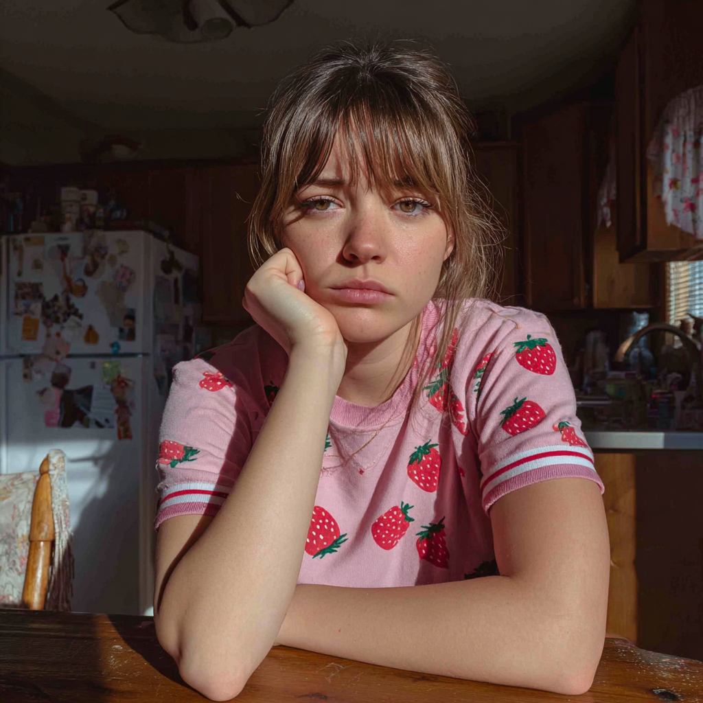 Une femme morose assise à une table | Source : Midjourney