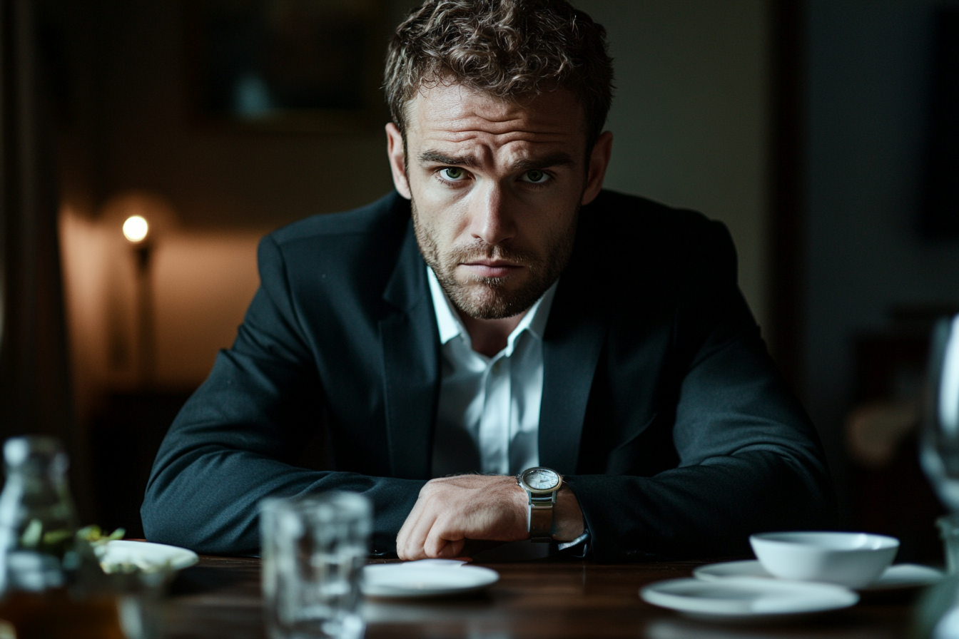 Un homme renfrogné assis à une table à manger | Source : Midjourney