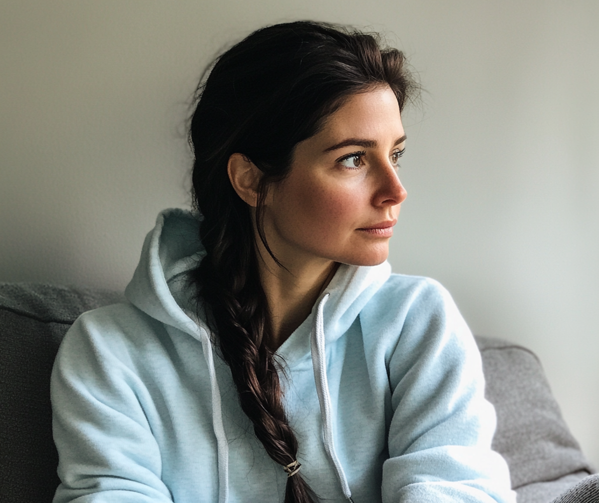 Une femme fatiguée en sweat à capuche assise sur un canapé | Source : Midjourney