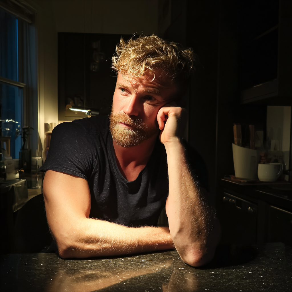 Un homme adossé à un comptoir de cuisine | Source : Midjourney