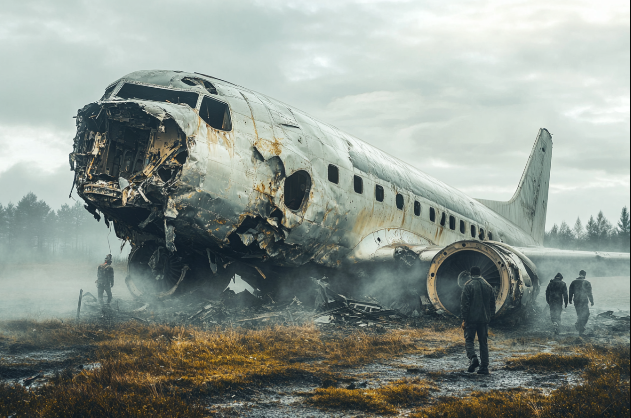 Des survivants marchent autour de l’épave d’un avion écrasé | Source : Midjourney