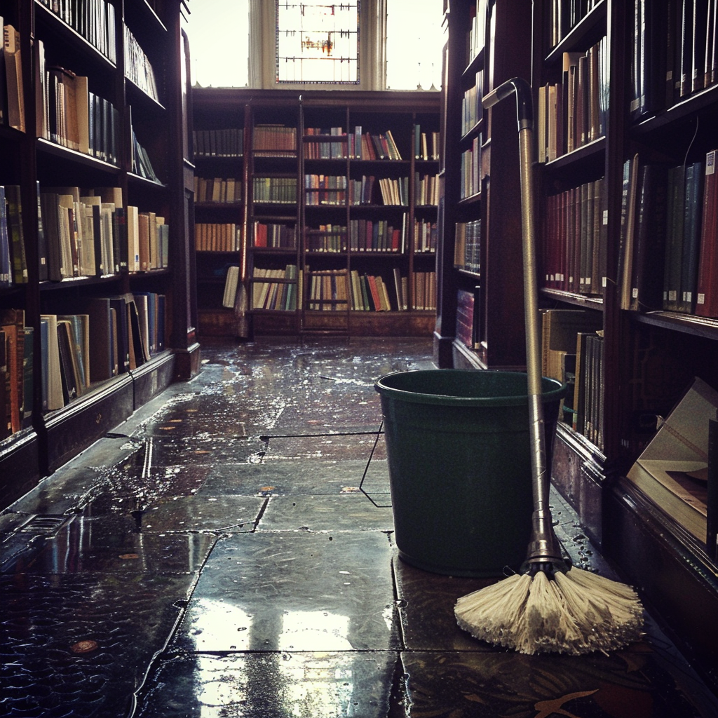 Une serpillière et un seau dans une bibliothèque | Source : Midjourney