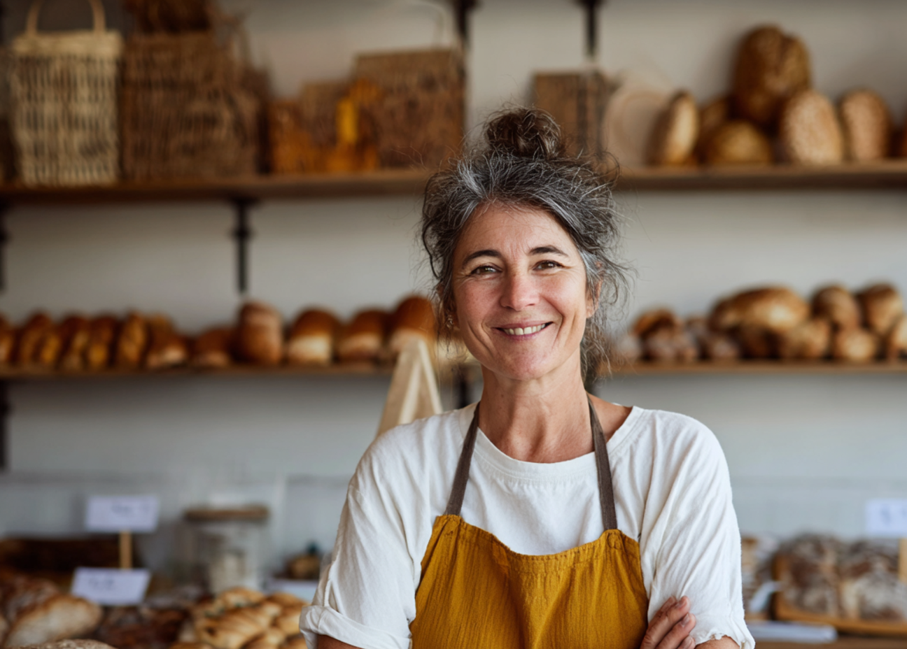 Une femme souriante debout dans une boulangerie | Source : Midjourney