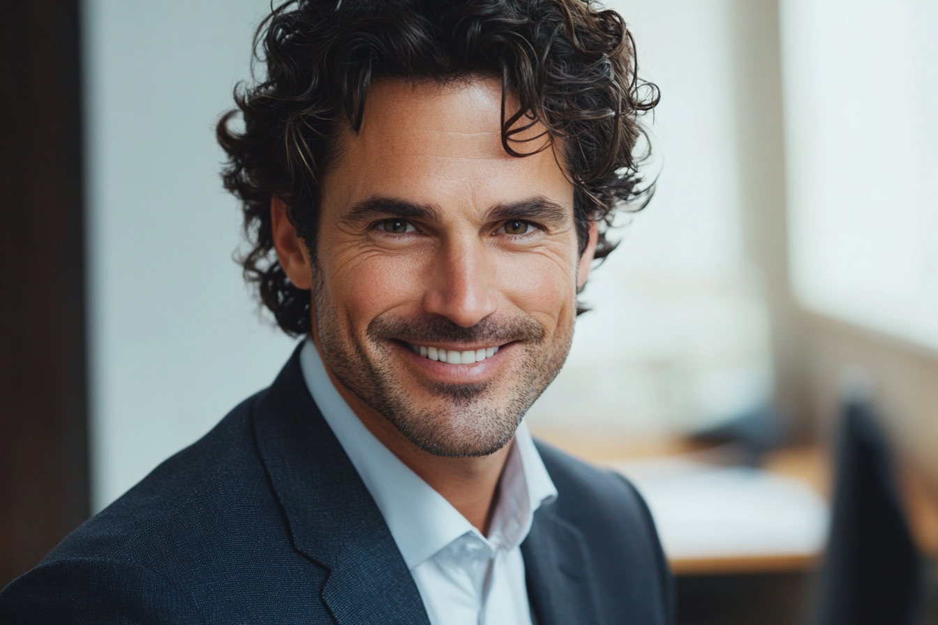 Un homme souriant dans un bureau | Source : Midjourney