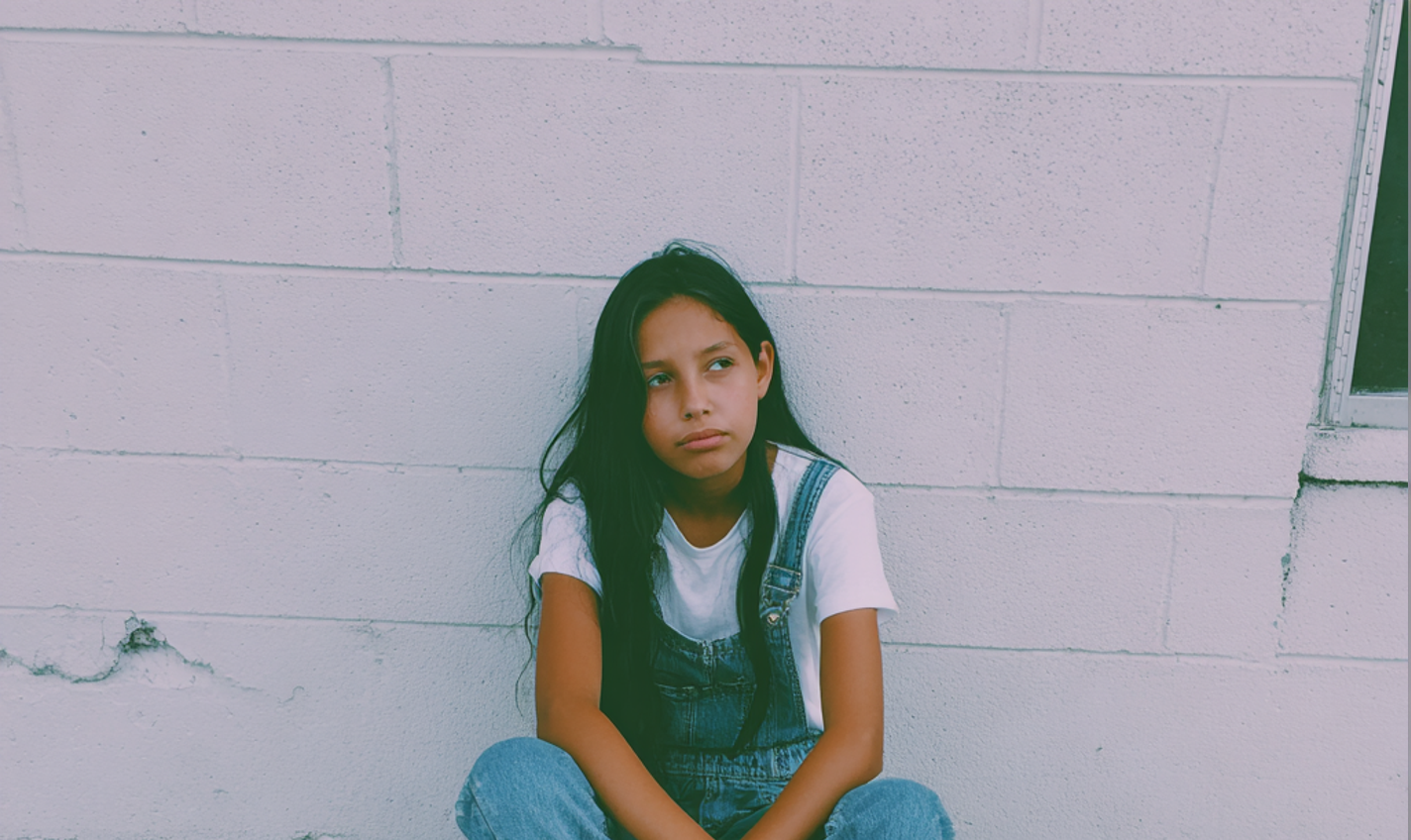 Gros plan sur une petite fille assise sur un trottoir | Source : Midjourney