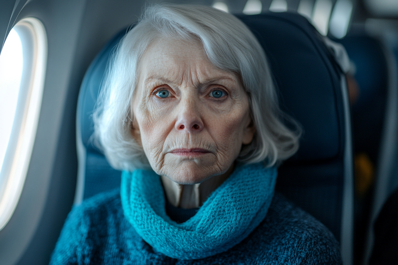 Une femme âgée assise sur un siège d'avion | Source : Midjourney