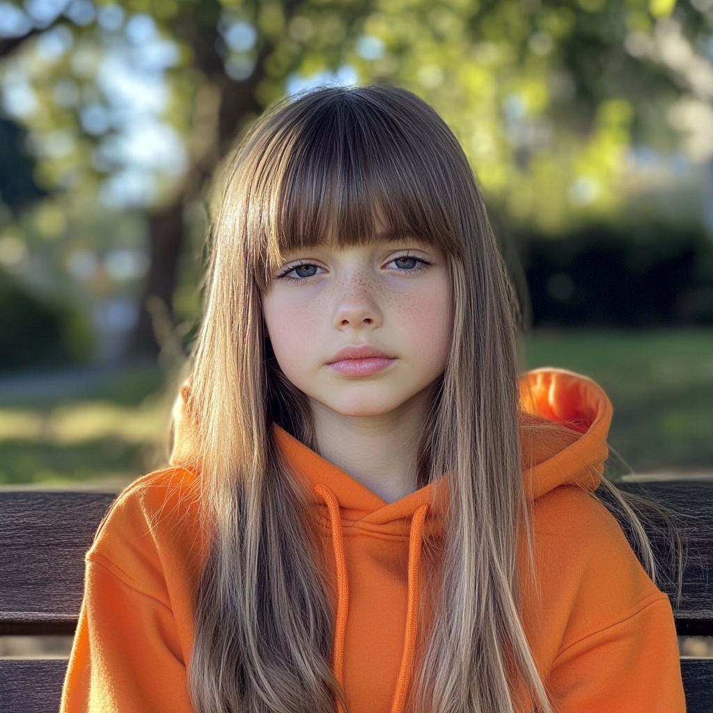 Une fille assise sur un banc public | Source : Midjourney