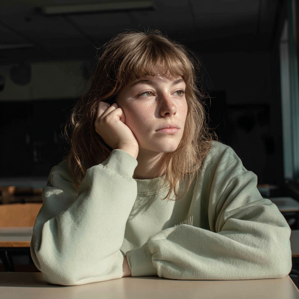 Une adolescente bouleversée assise dans une salle de classe | Source : Midjourney