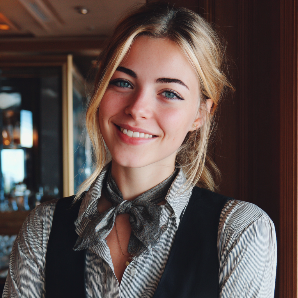 Gros plan sur une serveuse souriante | Source : Midjourney