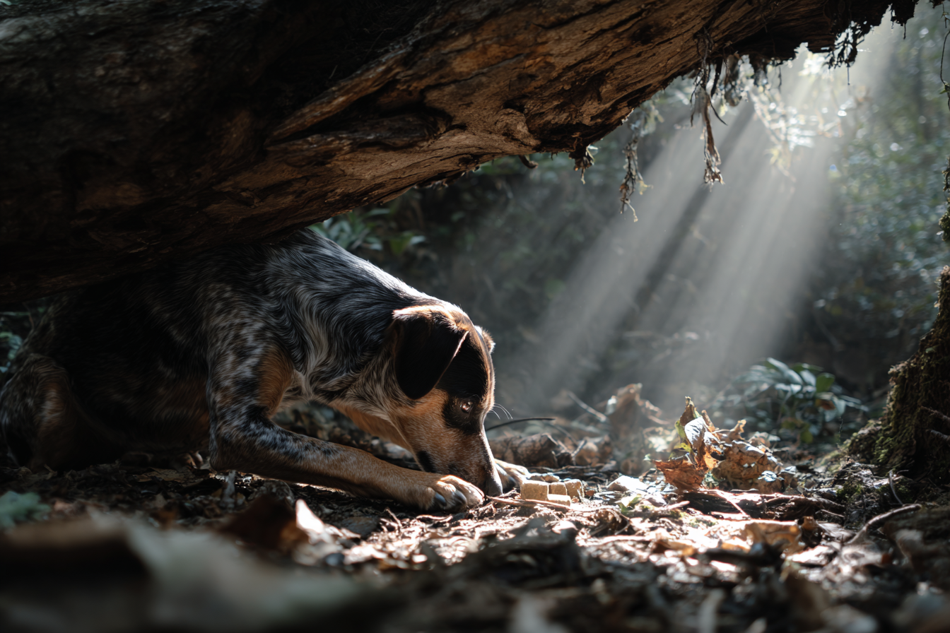 Un chien assis près d'un arbre tombé | Source : Midjourney