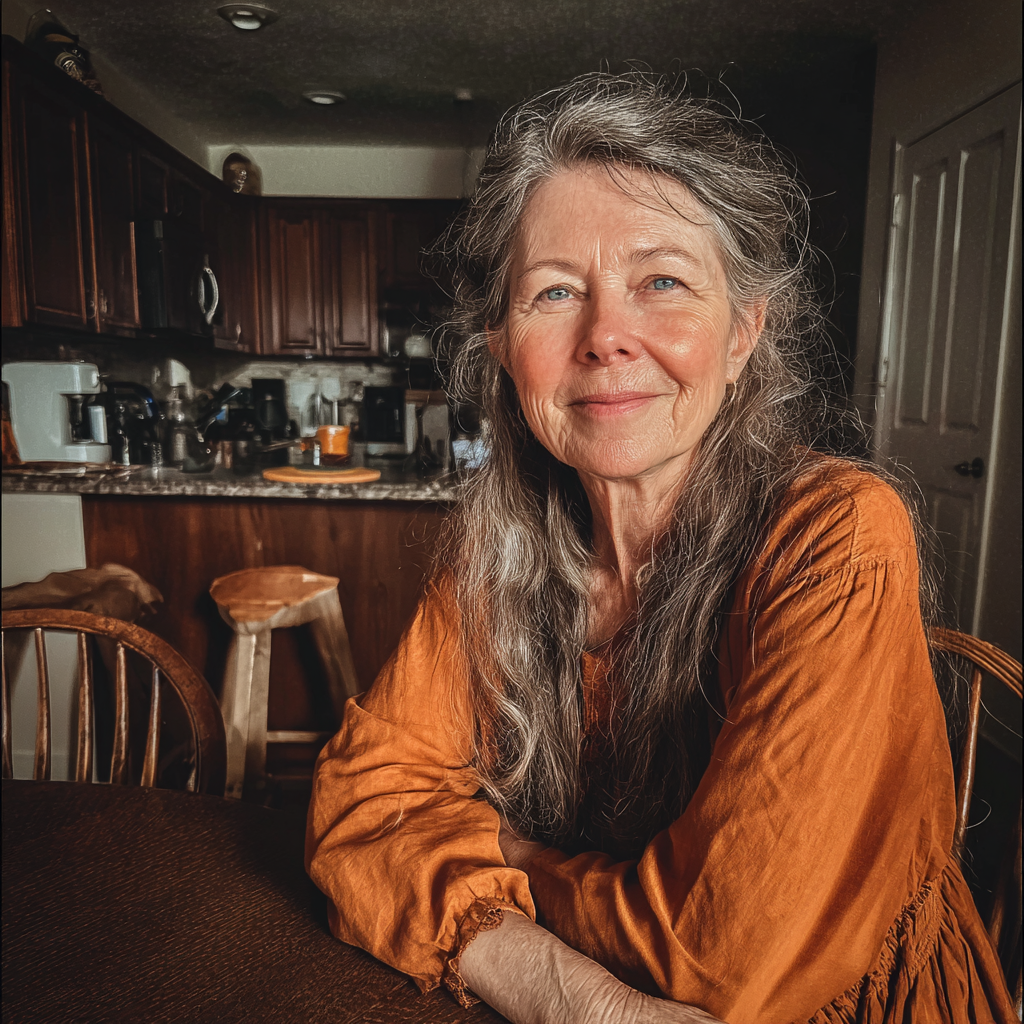 Une femme souriante assise à une table de cuisine | Source : Midjourney