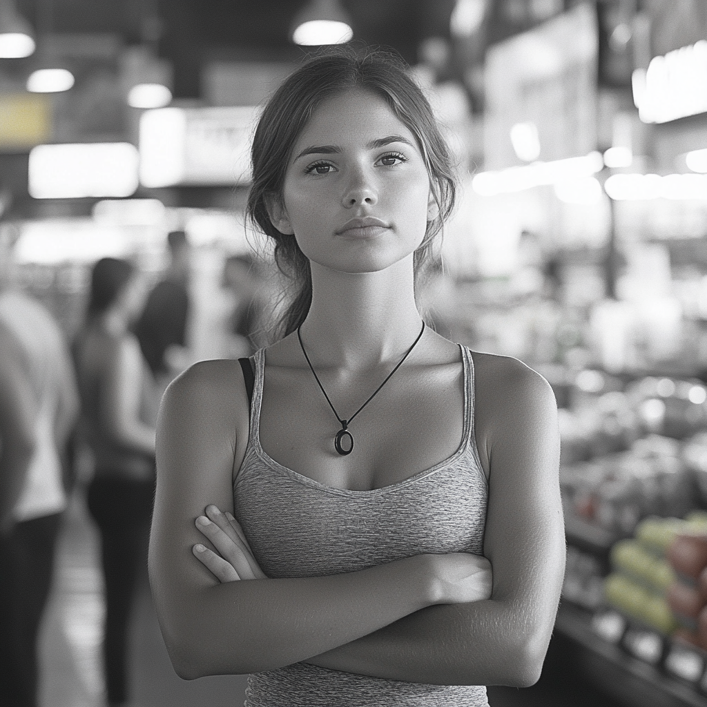 Une femme sérieuse dans la file d'attente d'un magasin | Source : Midjourney