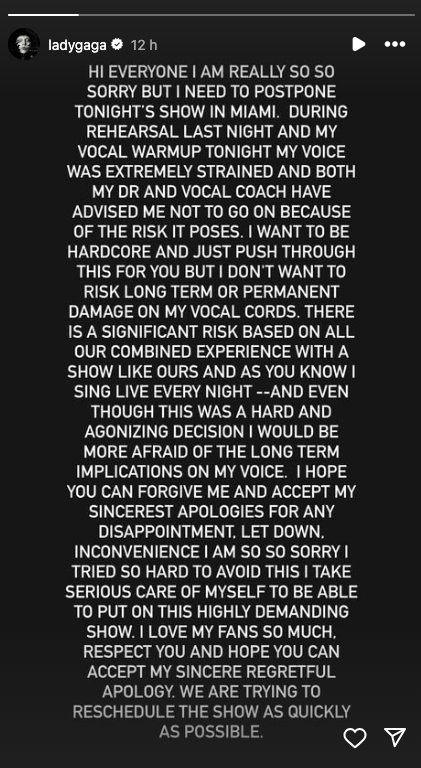 L'annonce de l'annulation du spectacle de Lady Gaga à Miami partagée via Instagram Stories, le 3 septembre 2025. | Source : Instagram/ladygaga