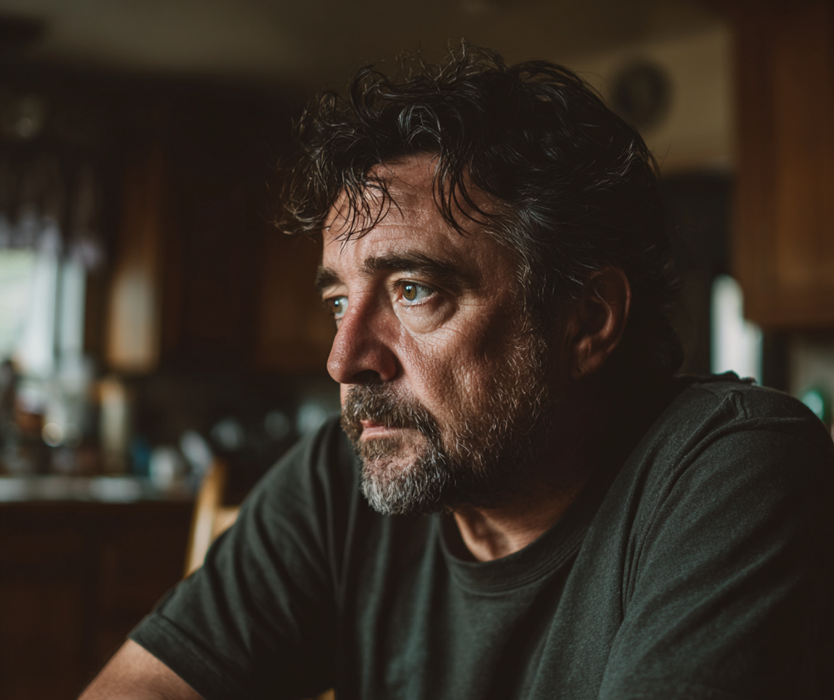 Un homme émotif assis à une table de cuisine | Source : Midjourney