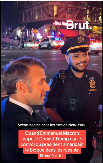 Le président Emmanuel Macron avec un policier du NYPD, extrait d'un post daté du 23 septembre 2025 | Source : Tiktok/@brutofficiel