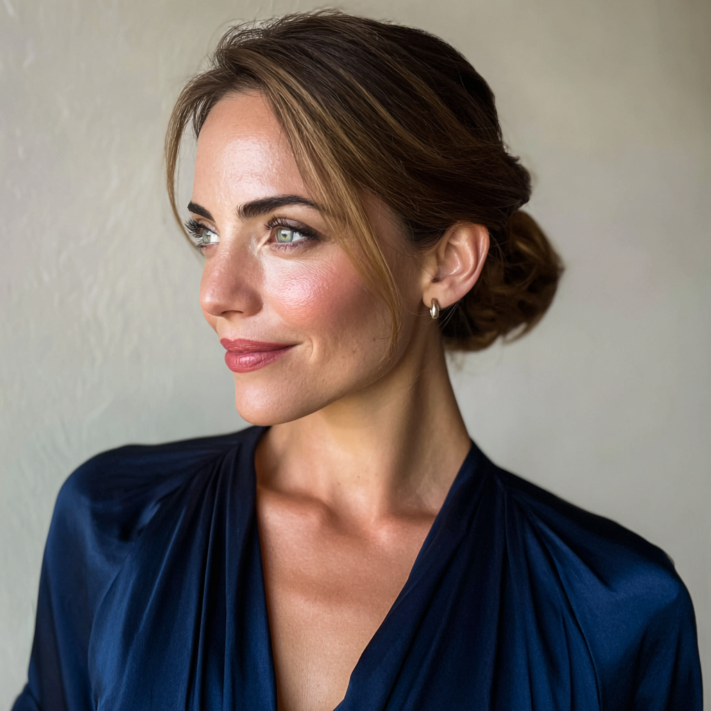 Une femme souriante portant une robe bleue marine | Source : Midjourney