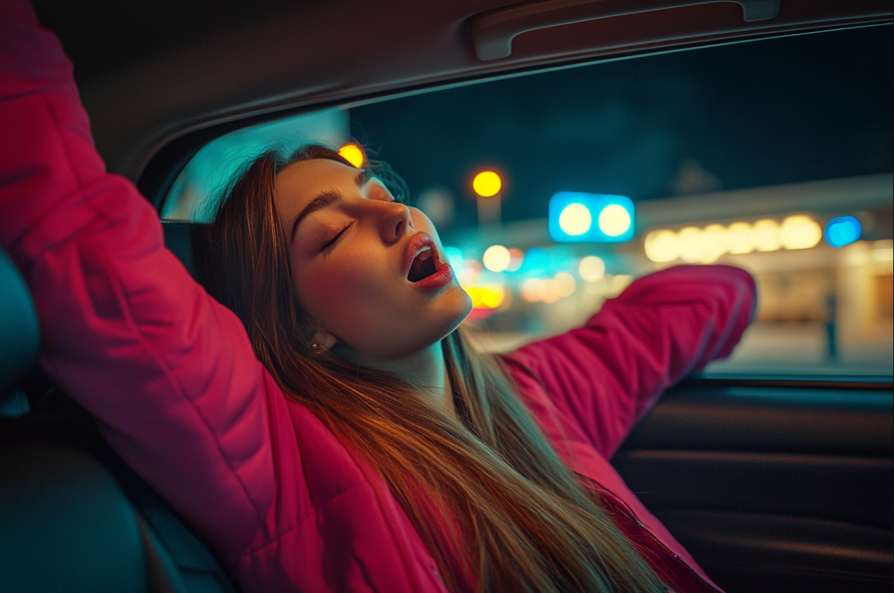 Une femme qui bâille sur la banquette arrière d'une voiture | Source : Midjourney