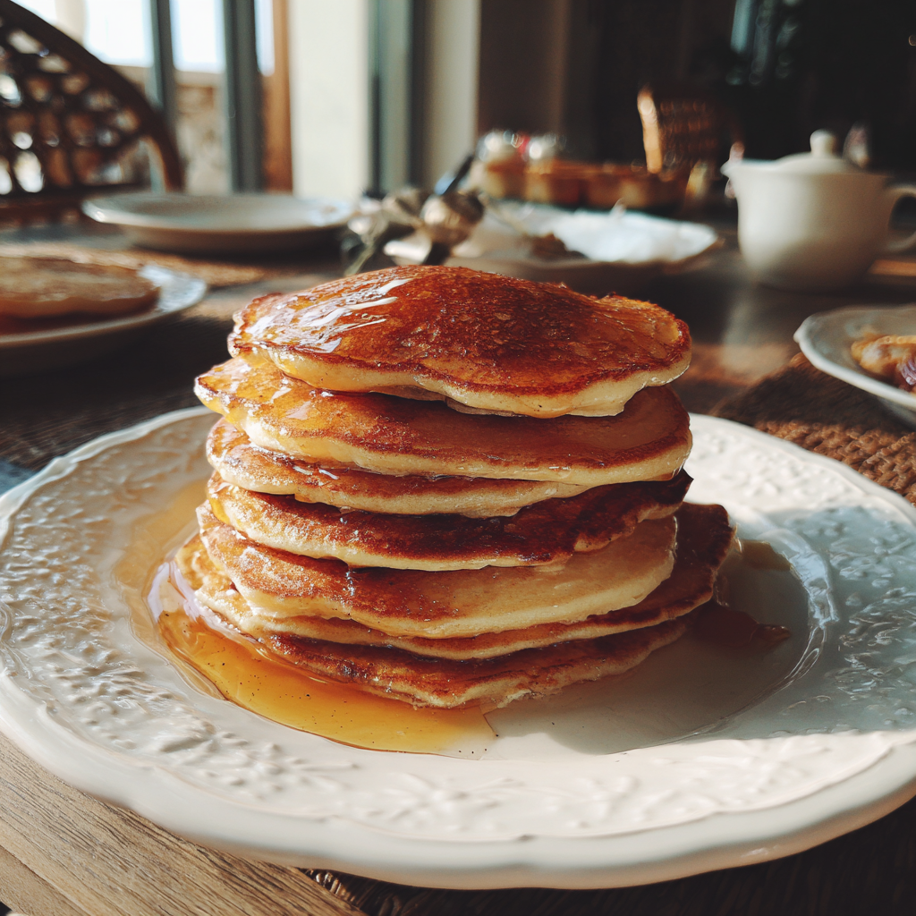 Une pile de crêpes et de sirop sur une table | Source : Midjourney