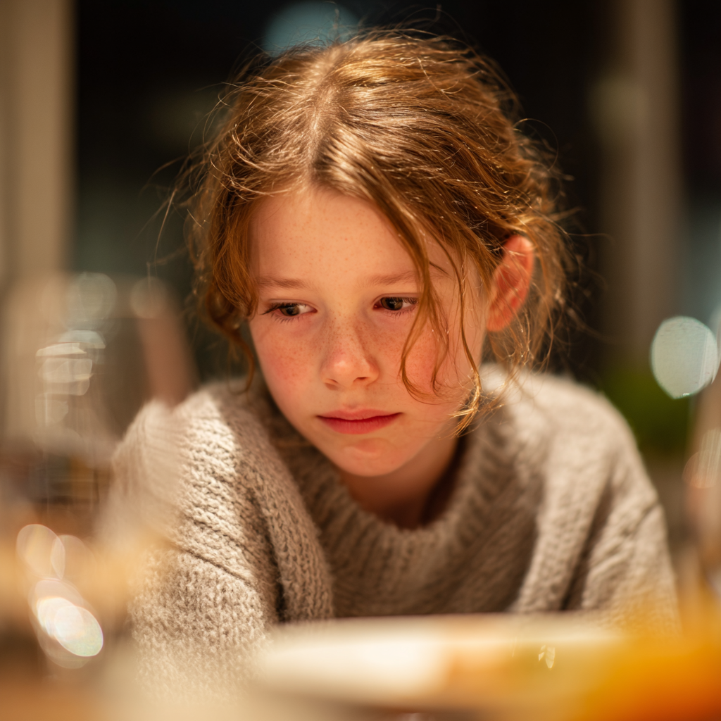 Une jeune fille triste lors d'un repas de famille | Source : Midjourney