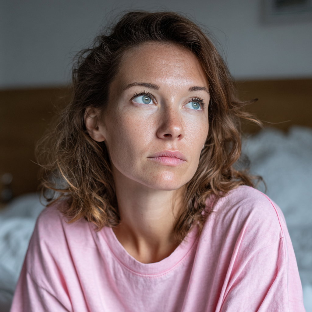 Une femme inquiète assise sur un lit | Source : Midjourney