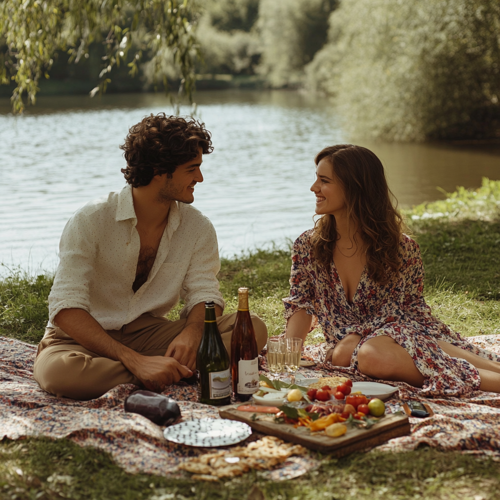 Un couple heureux qui profite d'un pique-nique | Source : Midjournney