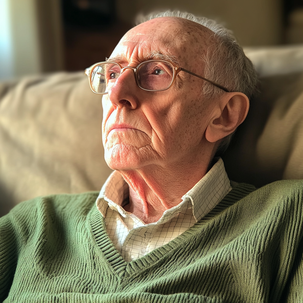 Un homme âgé assis sur un canapé | Source : Midjourney