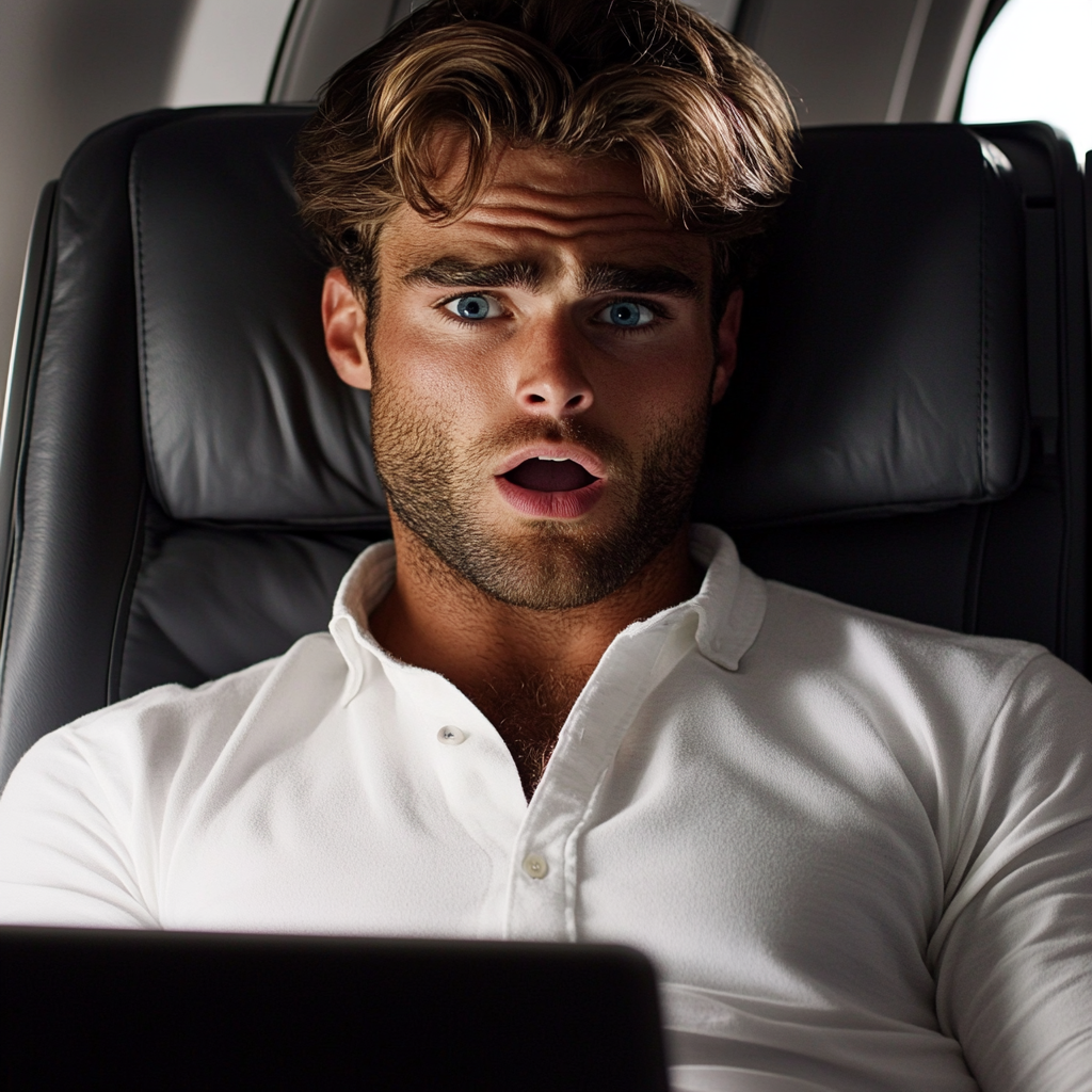 Un homme qui regarde son ordinateur portable et reste bouche bée en état de choc | Source : Midjourney