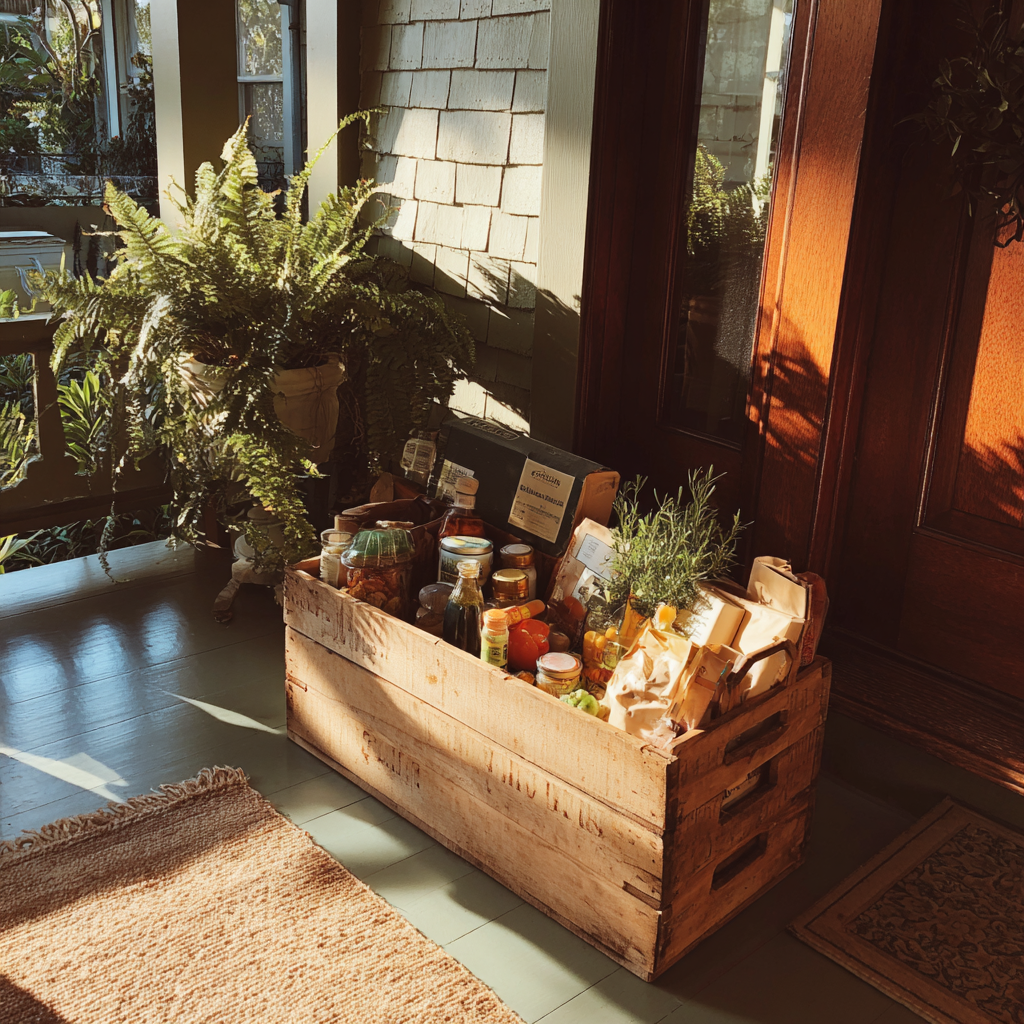 Des provisions dans une caisse en bois sur un porche d'entrée | Source : Midjourney