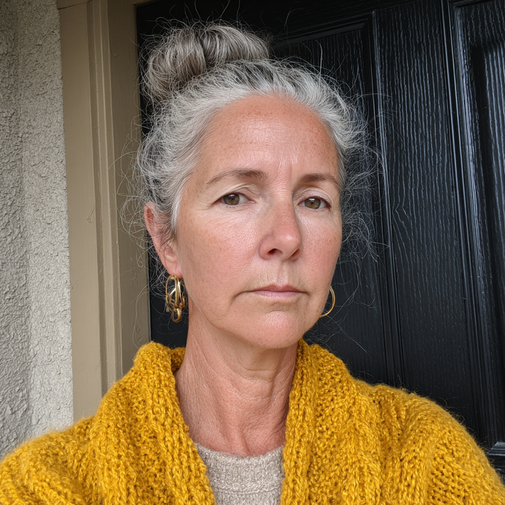 Une vieille femme sévère se tenant devant une porte d'entrée | Source : Midjourney
