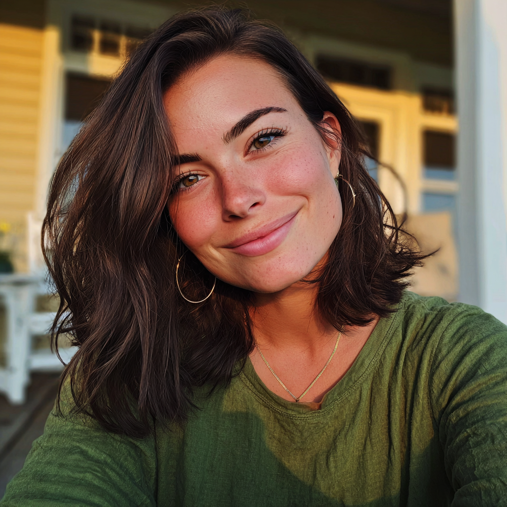 Une femme souriante assise sous un porche | Source : Midjourney