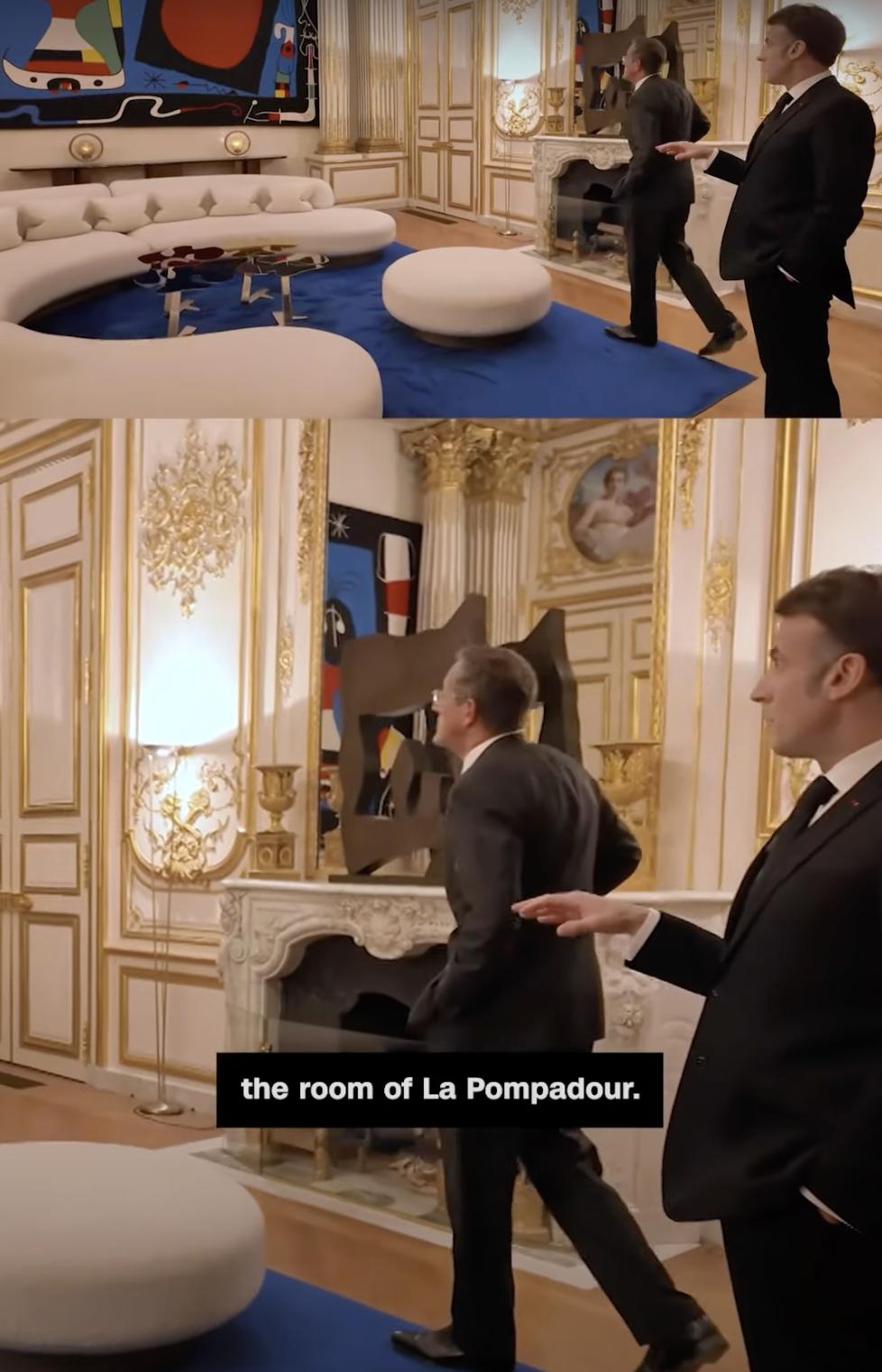 Le président français Emmanuel Macron faisant visiter la salle Pompadour à Richard Quest de CNN, posté le 12 février 2025. | Source : YouTube/CNN