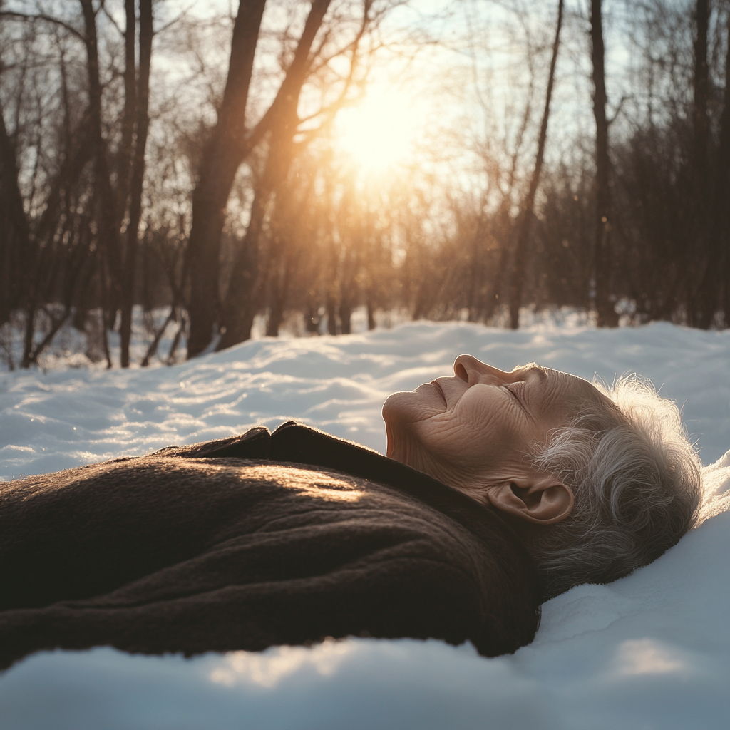 Une femme âgée allongée sur la neige | Source : Midjourney