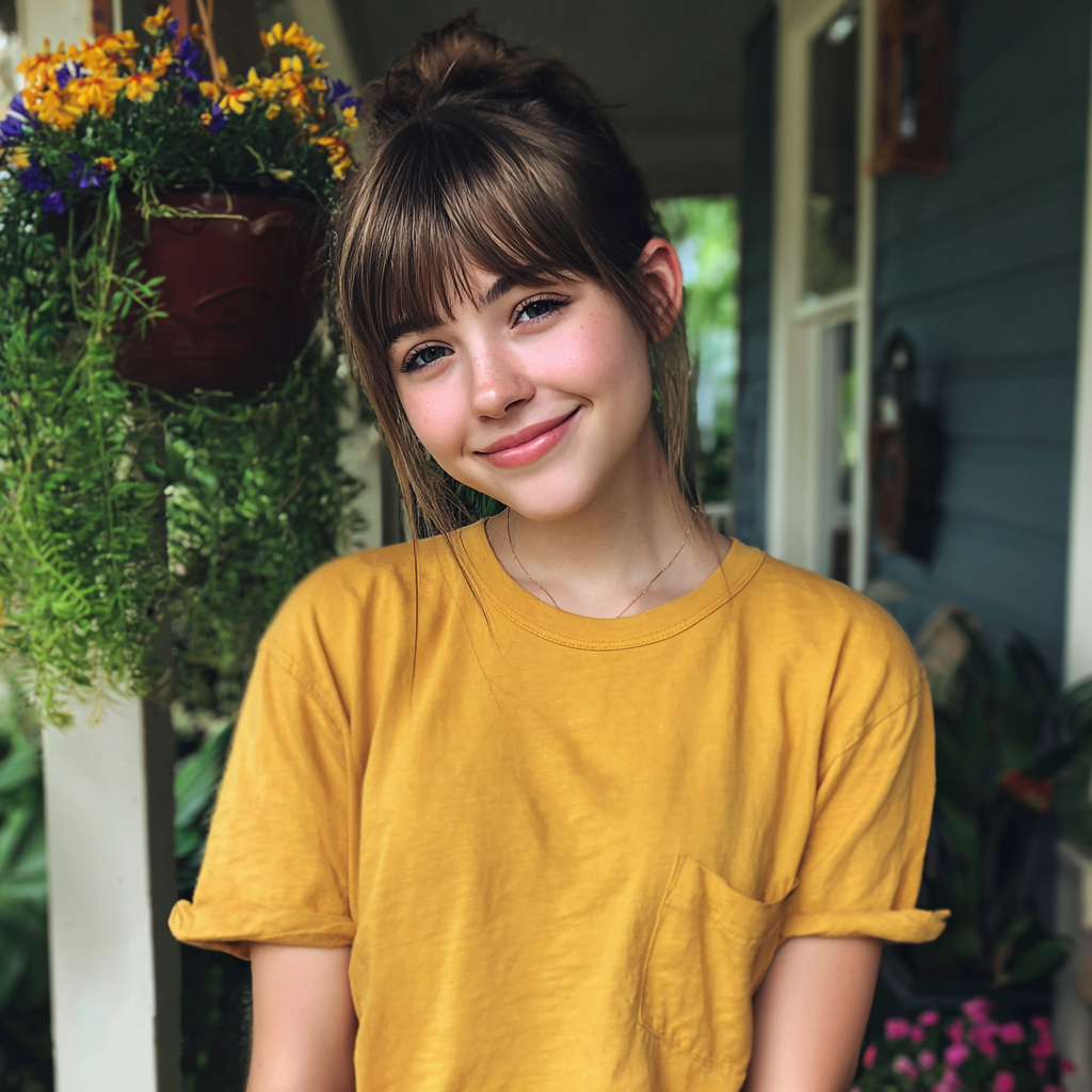 Une adolescente souriante se tenant à l'extérieur | Source : Midjourney