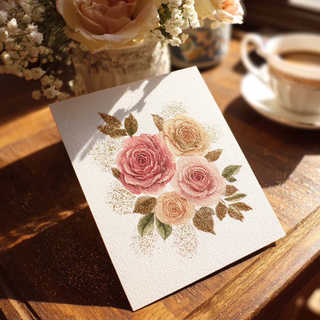 Une carte de mariage pailletée sur une table | Source : Midjourney