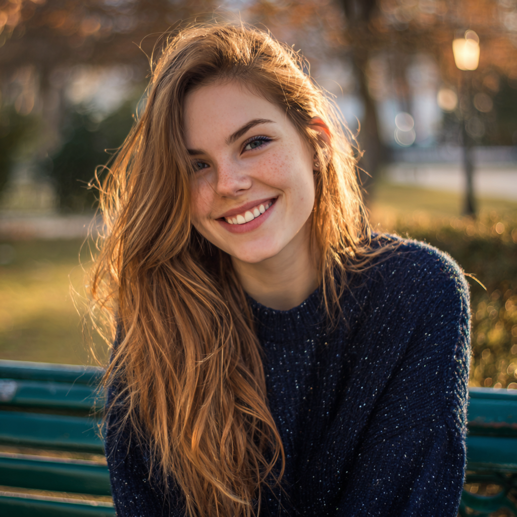 Une femme souriante assise sur un banc public | Source : Midjourney